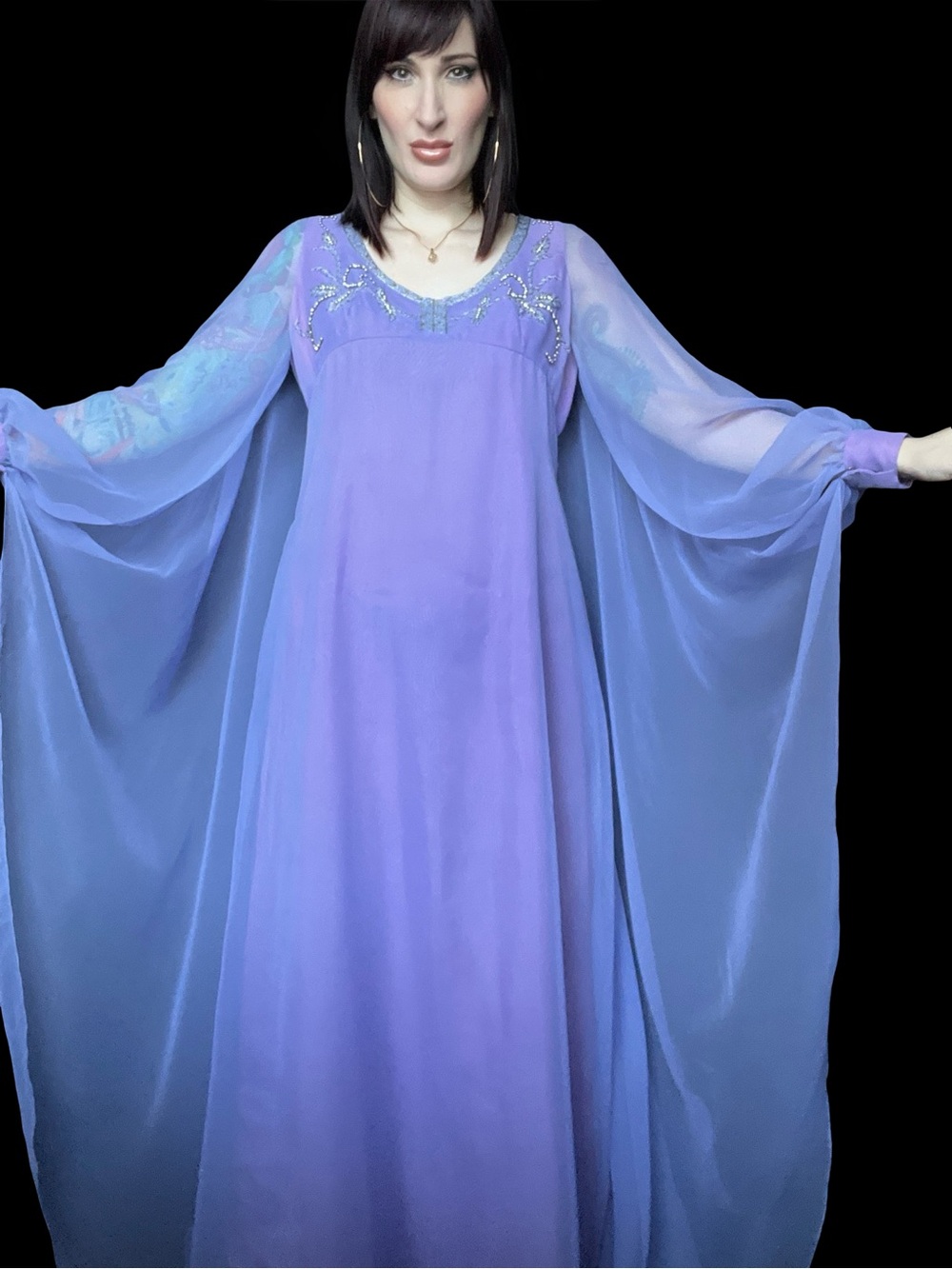 Vintage 1970's Fairy Godmother Lavender Chiffon Beaded Angel Goddess Gown Caftan